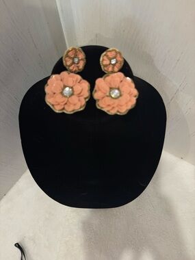 Pink Floral Statement Drop Earrings with Crystal Stone Center